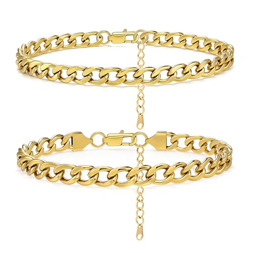 2PCS Ankle Bracelets for Women - Gold/Silver Plated Stainless Steel Anklets Set - Waterproof Layered Cuban Link Chain Anklet Bracelet Summer Beach Foot Jewelry Gifts for Women - color: Style 1-Gold