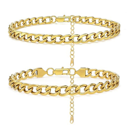 2PCS Ankle Bracelets for Women - Gold/Silver Plated Stainless Steel Anklets Set - Waterproof Layered Cuban Link Chain Anklet Bracelet Summer Beach Foot Jewelry Gifts for Women - color: Style 1-Gold