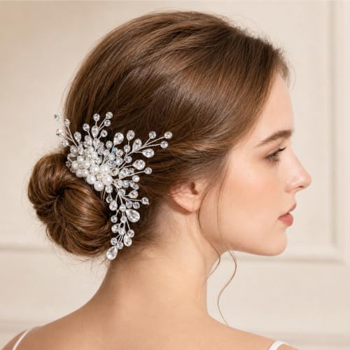 Wedding Hair Comb Pearl Crystal Bridal Hair Piece | Rhinestone Wedding Hair Accessories，Silver Hair Comb Clip for Women Wedding Party - color: Silver-850