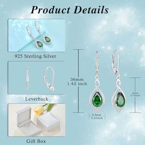 Infinity Teardrop Earrings 925 Sterling Silver Dangle Drop Leverback Earrings Birthstone Jewelry for Women - color: Emerald Green