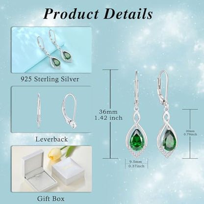 Infinity Teardrop Earrings 925 Sterling Silver Dangle Drop Leverback Earrings Birthstone Jewelry for Women - color: Emerald Green