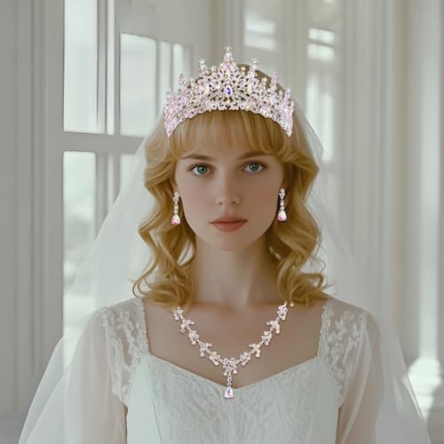 Crystal Crown and Tiara Jewelry Set for Women Bride with Necklace Earrings | Metal Rhinestone Royal Queen Princess Jewelry Set Wedding Quinceanera Pageant Prom Birthday Halloween Party Costume Gift - color: Silver AB