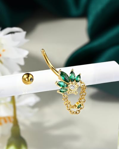 COCHARM 14G Lotus Belly Button Rings Dangle Belly Navel Rings for Women Surgical Steel Navel Piercing jewelry - color: YGGR-10MM