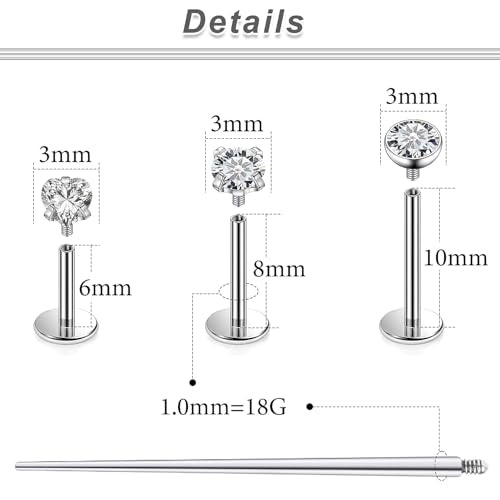 20G 18G 16G F316 Titanium Flat Back Nose Rings Studs Hypoallergenic Screw on Tragus Helix Cartilage Earrings Stud Piercing Jewerly for Women Men Bars 6mm - style: 18G Flat Back Nose Studs-6mm 8mm 10mm Bars-3mm CZ