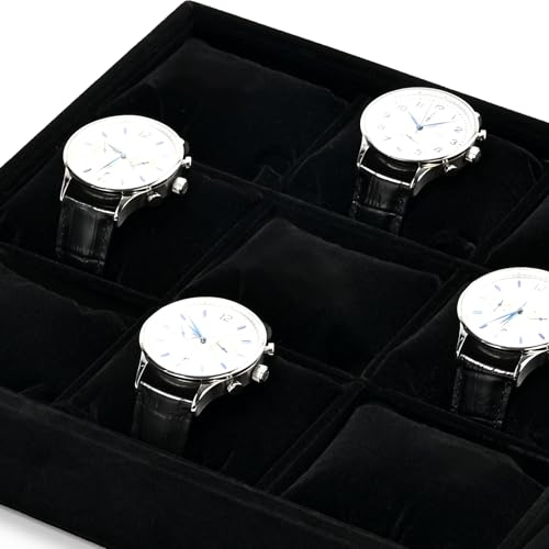 Black Velvet 12-Slot Watch Pillow Storage Tray | Soft black velvet 12-slot organizer tray with removable pillows, stackable, for drawer storage & retail jewelry display - size: 12 Grid with Pillow