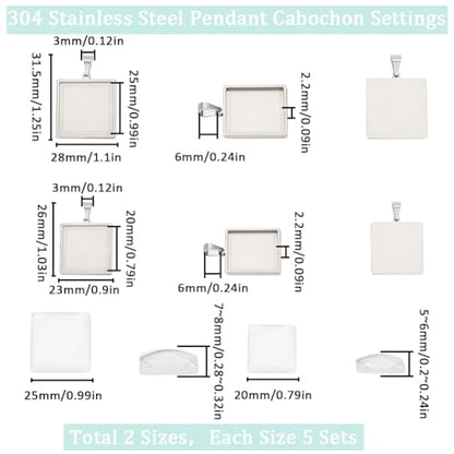 SUNNYCLUE 1 Box 20Pcs Pendant Tray Set Blank Bezel Pendant Trays Stainless Steel Charm Blanks Cabochon Settings Cabochon Bezels for Jewelry Making DIY Findings Supplies - color: Stainless Steel