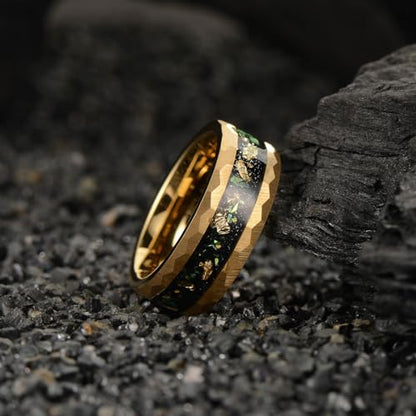 8mm Men's Tungsten Carbide Ring Gold/Black Hammered Meteorite Shavings Gold Foil Inlay Galaxy Nebula Green Opal Engagement Wedding Ring Matte Finish Comfortable Fit - color: 8mm tungsten gold foil