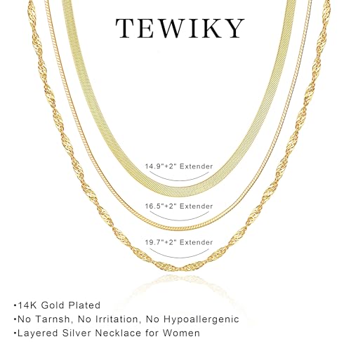 Tewiky Layered Necklaces for Women 14k Gold Plated Chain Necklace Set | Chunky Herringbone/Snake/Rope/Box/Cuban Link Chain for Women, Layering Stack Choker Necklace, Dainty Jewelry Set Non Tarnish - color: 3 Necklace Set Gold