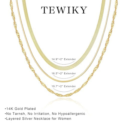 Tewiky Layered Necklaces for Women 14k Gold Plated Chain Necklace Set | Chunky Herringbone/Snake/Rope/Box/Cuban Link Chain for Women, Layering Stack Choker Necklace, Dainty Jewelry Set Non Tarnish - color: 3 Necklace Set Gold