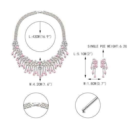 EVER FAITH Bridal Jewelry for Bride Bridesmaid, Elegant Cubic Zirconia Birthstone Cluster Flower Teardrop Wedding Party Necklace Dangle Earrings Sets for Women - color: Pink