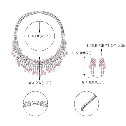 EVER FAITH Bridal Jewelry for Bride Bridesmaid, Elegant Cubic Zirconia Birthstone Cluster Flower Teardrop Wedding Party Necklace Dangle Earrings Sets for Women - color: Pink
