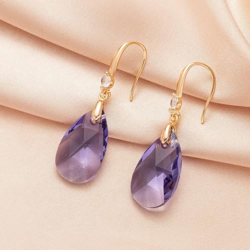 Austrian Crystal Teardrop Dangle Drop Earrings for Women 14K Gold Plated Hook Earring Hypoallergenic Jewelry Gifts for Women Girls - color: Tanzanite
