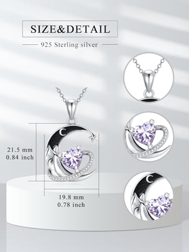 I Love You to the Moon and Back Necklace 925 Sterling Silver Black Crescent Moon Star Pendant with Heart Birthstone Necklace Anniversary Gothic Jewelry Gifts for Women Wife Lovers - color: 06-Light Violet
