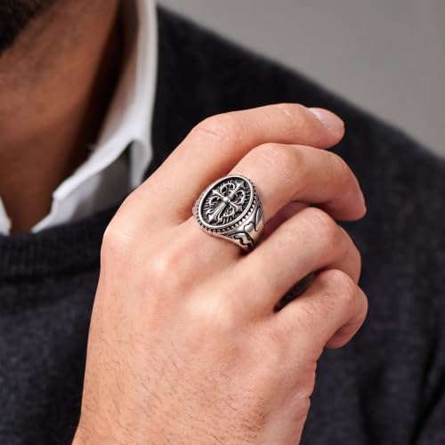 Dacc & Aya Custom Engraved Vintage Signet Ring 925 Sterling Silver Black Oxidized Personalized Statement Jewelry for Men - style: D-Cross
