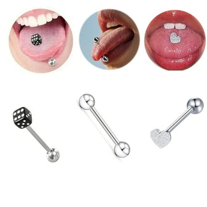 12Pcs Stainless Steel Tongue Rings 16G Curved Barbell Body Piercing Jewelry with Cubic Zirconia Heart Star Round Ball Tongue Cartilage Stud Piercing Jewelry for Women Men - color: White