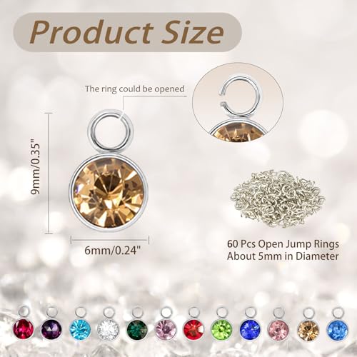 Glass Rhinestone Charms, 48 Pcs 12 Colors Silver Back Round Birthstone Beads Crystal Dangle Jewelry Making Pendants for Earrings Necklace Bracelet, 6MM