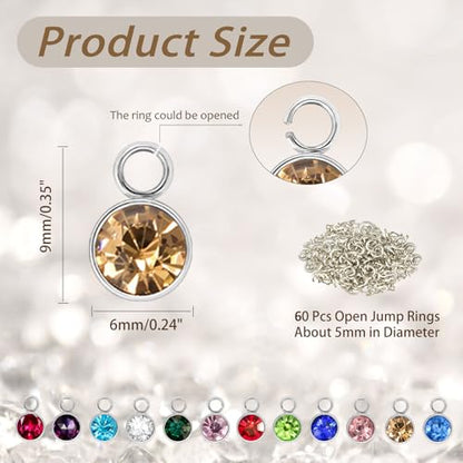 Glass Rhinestone Charms, 48 Pcs 12 Colors Silver Back Round Birthstone Beads Crystal Dangle Jewelry Making Pendants for Earrings Necklace Bracelet, 6MM