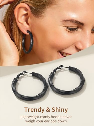 FindChic Twisted Hoop Earrings for Women, Silver/Black/14K Gold Plated Hypoallergenic Hollow Tube Rounded Loop Earrings, 30mm/40mm/60mm/80mm Hoops with Custom Name Options and Gift Box - color: a.Black, size: 40MM