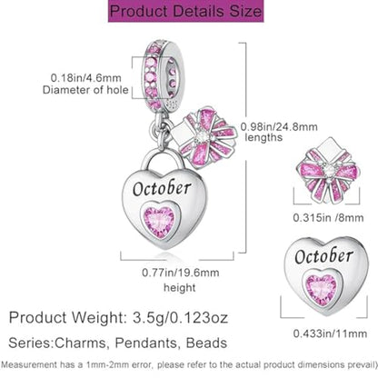Love Heart Birthstone Dangle Charms Compatible with Pandora Bracelets | 925 Sterling Silver 5A Cubic Zirconia Mother's Day Christmas Birthday Birthstone Gifts Bead Charm Pendants Women Jewelry - color: October Dangle Birthstone Charms