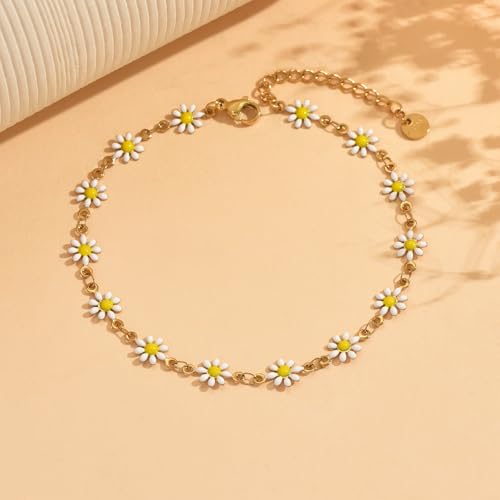 Anklets for Women, 18K Gold Plated Dainty Ankle Bracelets with Tennis, Pearl, Daisy, Lip, Snake Chain, Layered CZ Anklet Waterproof, Adjustable Boho Summer Beach Foot Jewelry - style: Daisy Anklet