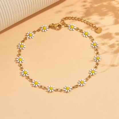 Anklets for Women, 18K Gold Plated Dainty Ankle Bracelets with Tennis, Pearl, Daisy, Lip, Snake Chain, Layered CZ Anklet Waterproof, Adjustable Boho Summer Beach Foot Jewelry - style: Daisy Anklet