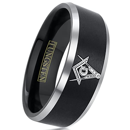 Personalized Engraved 8mm Brushed Satin Finish Black Tungsten Carbide Band Ring with Masonic Freemason's Logo & Polished Silver Beveled Edges.