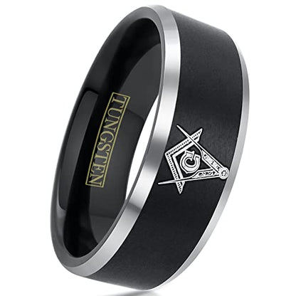 Personalized Engraved 8mm Brushed Satin Finish Black Tungsten Carbide Band Ring with Masonic Freemason's Logo & Polished Silver Beveled Edges.