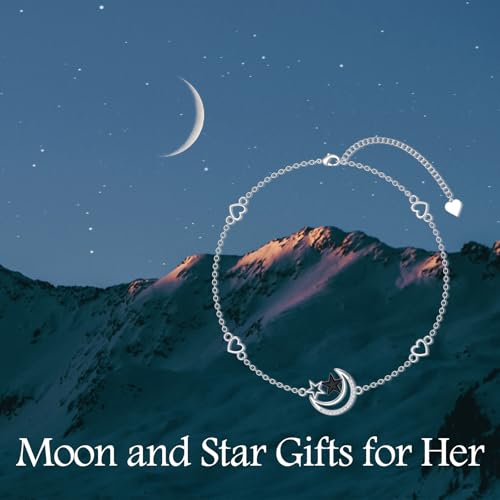 925 Sterling Silver Anklet Foot Bracelet with Crystal from Austria, Anklet Jewelry Gifts for Women 11 Inch Adjustable - style: Moon and Star