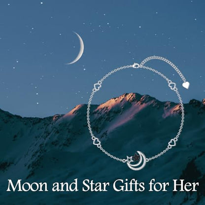 925 Sterling Silver Anklet Foot Bracelet with Crystal from Austria, Anklet Jewelry Gifts for Women 11 Inch Adjustable - style: Moon and Star