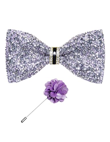 DiBanGu Mens Rhinestone Bow Tie with Ring and Lapel Pin Set | Adjustable Strap,Pre-tied Style,3PCS,Sequin Diamond Bowties，Solid/Mix Color,Shiny Accessory,for Party Prom Banquet Wedding - color: Light Purple