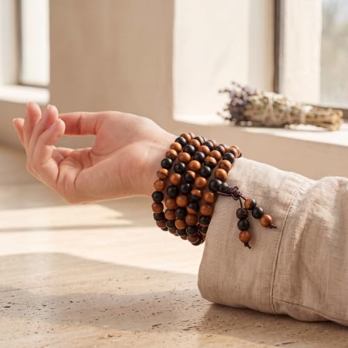 Handmade Mala Beads Bracelet 108 8mm Prayer Meditation Bracelet Sandalwood Elastic, Buddhist Beads, Prayer Mala Necklace for Men and Women Gifts - color: Gourd Black
