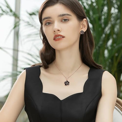 EleQueen Rose Flower Necklace Earrings Bracelet Set for Women - color: 02_Black Necklace+Earrings+Bracelet