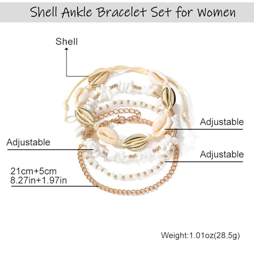 Shell Ankle Bracelet Set for Women,Boho Adjustable Beads Anklet Pack Natural White Shells Stack Stretch Seashell Pearl Starfish Bracelet Set Hawaiian Beach Vacation Foot Jewelry - style: E-Shell Beads 4Pcs