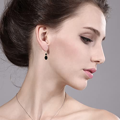 Gem Stone King 14K Yellow Gold Black Onyx Dangle Earrings For Women | 1.60 Cttw | Gemstone Birthstone | Oval 7X5MM | Round 3MM | Hook French Fish Ear Wire Fine Jewelry Gift for Women Mom Wife Her