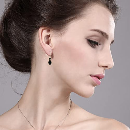 Gem Stone King 14K Yellow Gold Black Onyx Dangle Earrings For Women | 1.60 Cttw | Gemstone Birthstone | Oval 7X5MM | Round 3MM | Hook French Fish Ear Wire Fine Jewelry Gift for Women Mom Wife Her