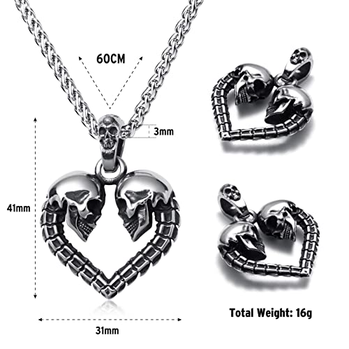 Skull Necklace for Men Stainless Steel Gothic Punk Emo Biker Necklace Jewelry for Men 60cm - style: Heart Skull