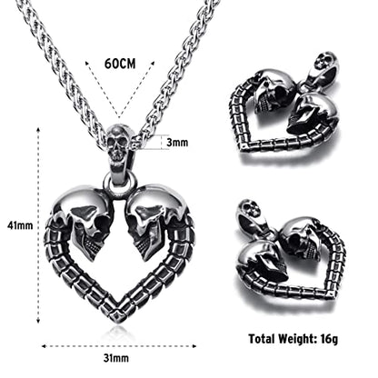 Skull Necklace for Men Stainless Steel Gothic Punk Emo Biker Necklace Jewelry for Men 60cm - style: Heart Skull