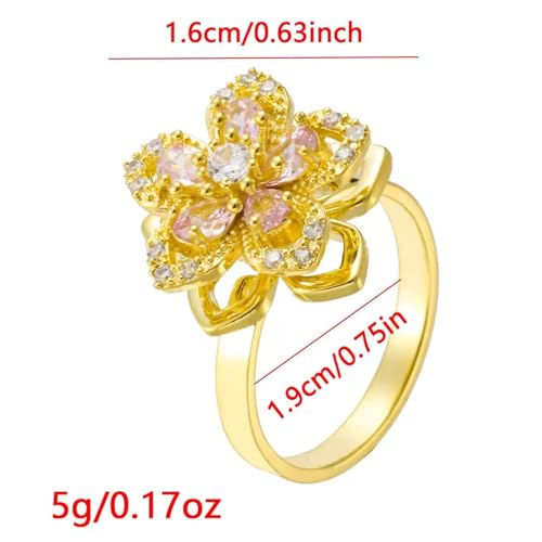 Sunflower Fidget Ring for Women Gold Anxiety Crystal Rings Cubic Zirconia Sunflower Open Adjustable Fidget Ring Spinner Sun Ring for Men Trendy Jewelry - color: Pink