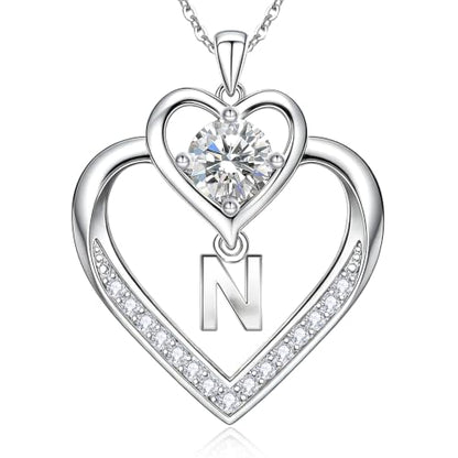 RIVIKO 1 Carat Moissanite Heart Initial Necklace for Women,Letter Pendant | 925 Sterling Silver Chain,Personalized Jewelry,Anniversary Birthday Gifts for Wife Friend Mom - color: Letter N