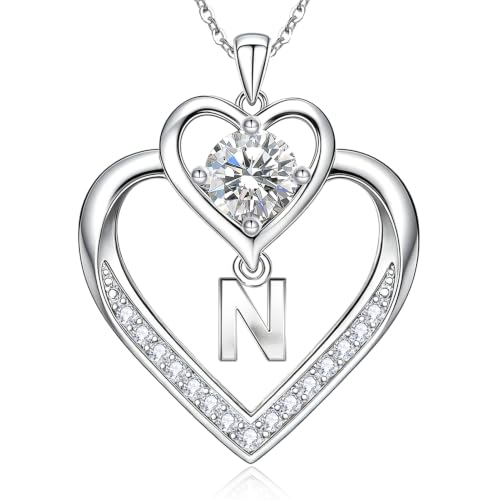 RIVIKO 1 Carat Moissanite Heart Initial Necklace for Women,Letter Pendant | 925 Sterling Silver Chain,Personalized Jewelry,Anniversary Birthday Gifts for Wife Friend Mom - color: Letter N