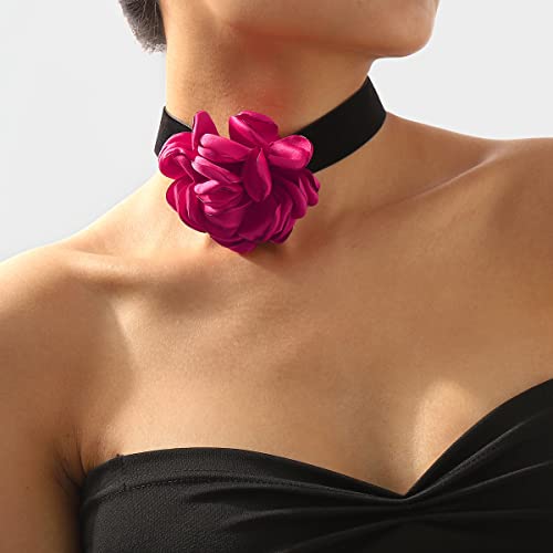 Rose Black Velvet Floral Choker Necklace - Camellia Daisy Rosette - Spring Summer Flower Jewelry - color: Hot Pink