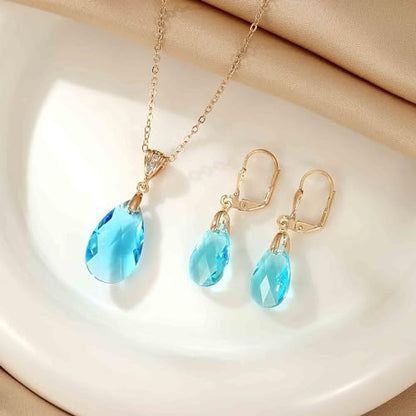 Austrian Crystals Teardrop Pendant Necklace Earrings for Women 14K Gold Plated Hypoallergenic Leverback Drop Dangle Earrings Jewelry Set - color: Aquamarine