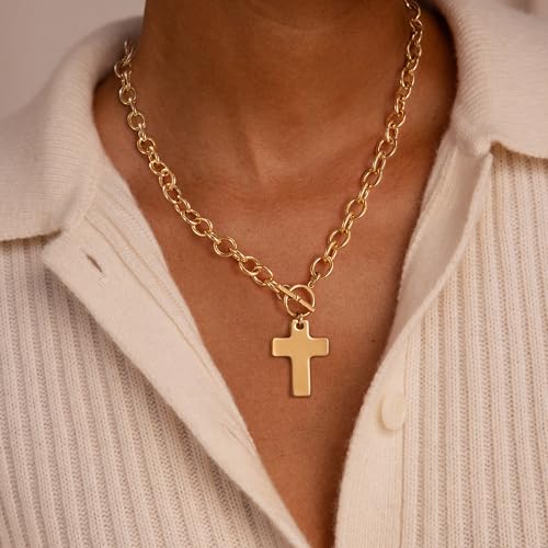 Carffordo Gold Cross Necklaces for Women, Chunky 14K Gold Plated Necklace | Statement Cross Pendant Necklace with Toggle Clasp, Hypoallergenic Waterproof Bold Chain, Trendy Charm Jewelry Gift for Her - color: fashion cross