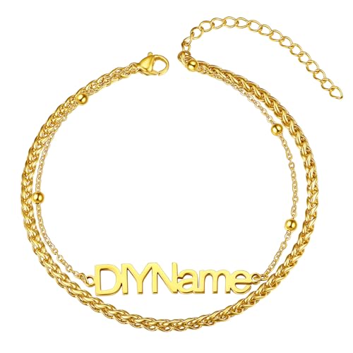 ChainsHouse Double Layer Anklet Bracelet for Women,Adjustable Chain Anklets Stackable Dainty Anklets,Stainless Steel/Gold Plated/Black Ankle Jewelry Gifts - color: B-Gold Plated-Wheat Chain