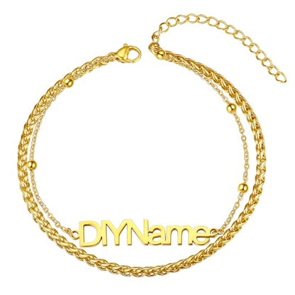 ChainsHouse Double Layer Anklet Bracelet for Women,Adjustable Chain Anklets Stackable Dainty Anklets,Stainless Steel/Gold Plated/Black Ankle Jewelry Gifts - color: B-Gold Plated-Wheat Chain