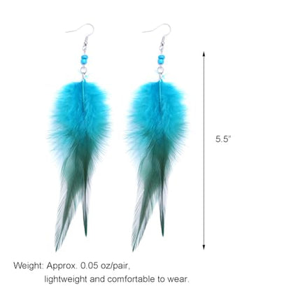 RUOFFETA Long Feather Earrings for Women, Boho Bohemian Earrings Multicolor Tassel Handmade Feather Earrings for Women Dangling - style: M-Blue