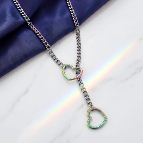 Slip Chain Choker for Women Handmade Black Stainless Steel Cuban Chain Chunky Moon Bat Raven Skull Pendant Gothic Punk Rock Collar Adjustable Lariat Y Necklace for Men - style: Rainbow Heart