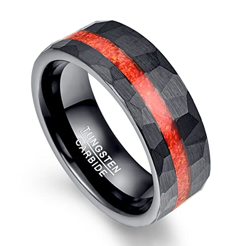 NUNCAD 8mm Tungsten Rings for Men Black Hammered Wedding Bands Red Opal Inlaid Tungsten Ring Polished Edge Comfort Fit Men Women Size 7-12