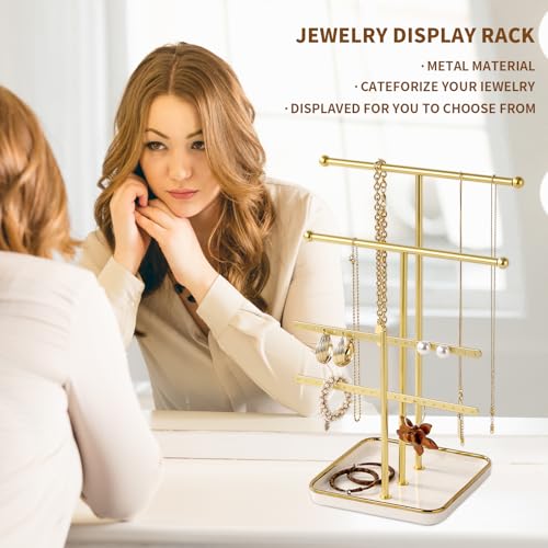 modern T-shaped jewelry rack, jewelry tower, gold metal, square ceramic base decoration display tower, necklace, bracelet, ring storage rack (3-layer ceramic disc) - style: 3-layer ceramic disc
