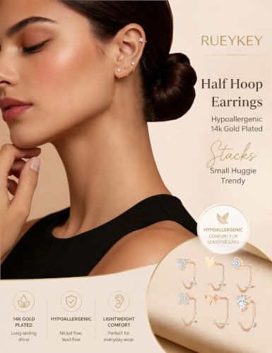 Backless Half Hoop Earrings for Women Hypoallergenic Small Huggie Earrings | Stay Close Open Hoop Stud Earring Stacks, No Back Poke Free Comfort, 14k Gold Plated, Trendy Cubic Zirconia Rose Gold Jewelry